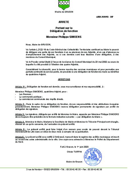 Arrêté 2020 01 Délégation fonction Philippe Simoens