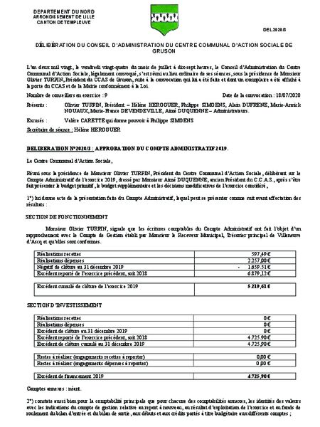 DELIBERATION 2020-3 APPROBATION DU COMPTE ADMINISTRATIF 2019