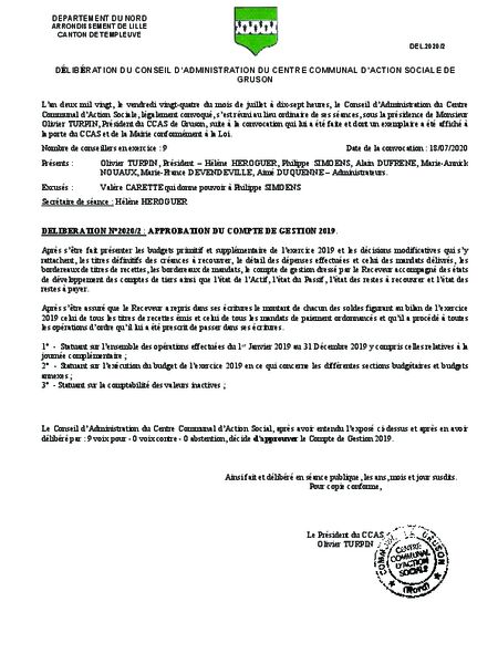 DELIBERATION 2020-2 APPROBATION DU COMPTE DE GESTION 2019