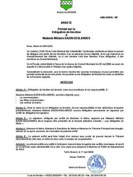 Arrêté 2020 02 Délégation fonction Mélanie Dazin