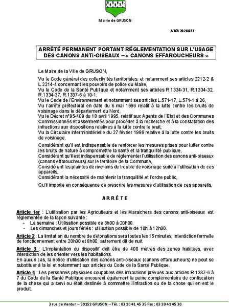 Arrêté 2020 22 Arrêté permanent effaroucheur