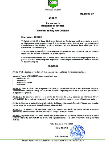 Arrêté 2020 04 Délégation fonction Thierry Masquelier
